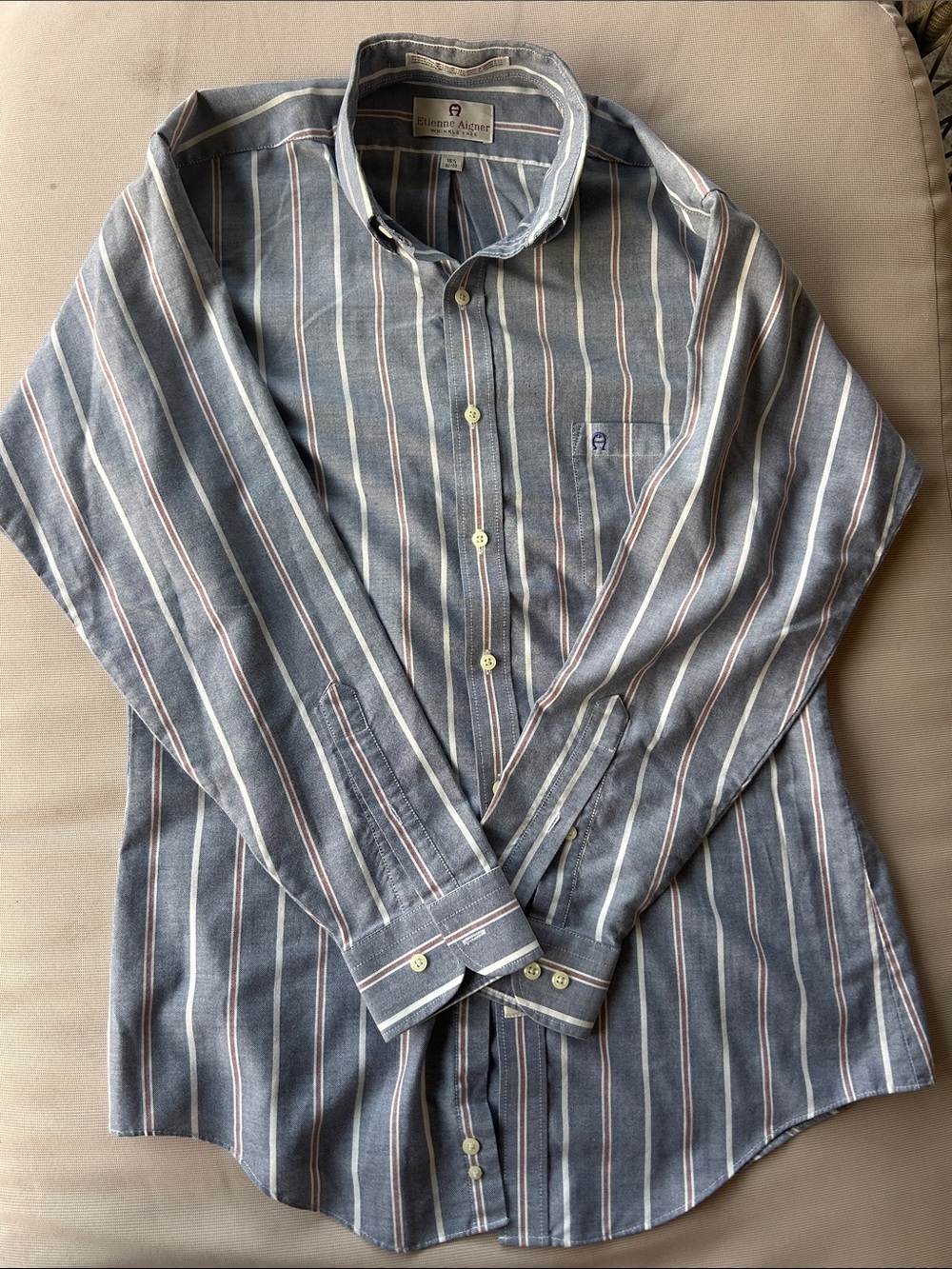 Vintage Etienne Aigner Blue Striped Button-Down Shirt with White & Pink Stripes